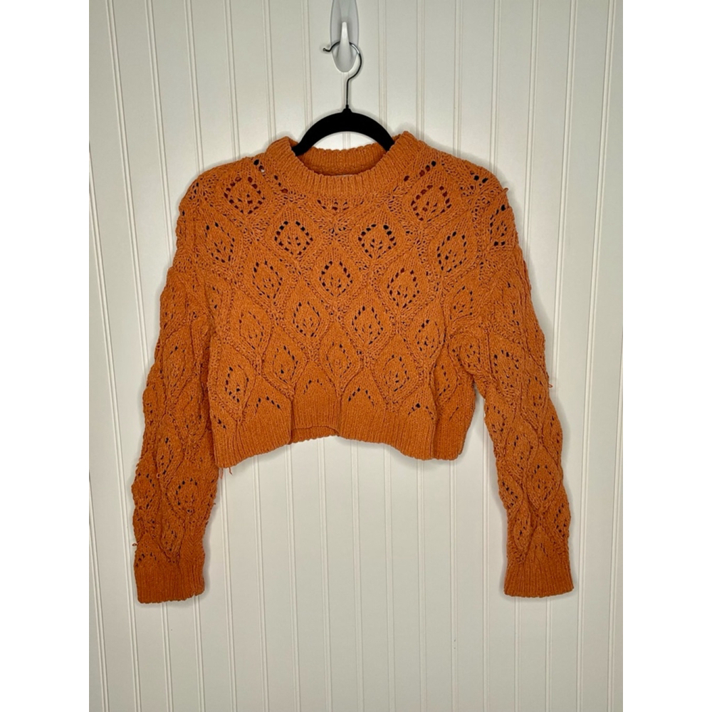 ZARA Cropped Sweater Girls Size 13-14 Orange Rust Chunky Knit Long Sleeve